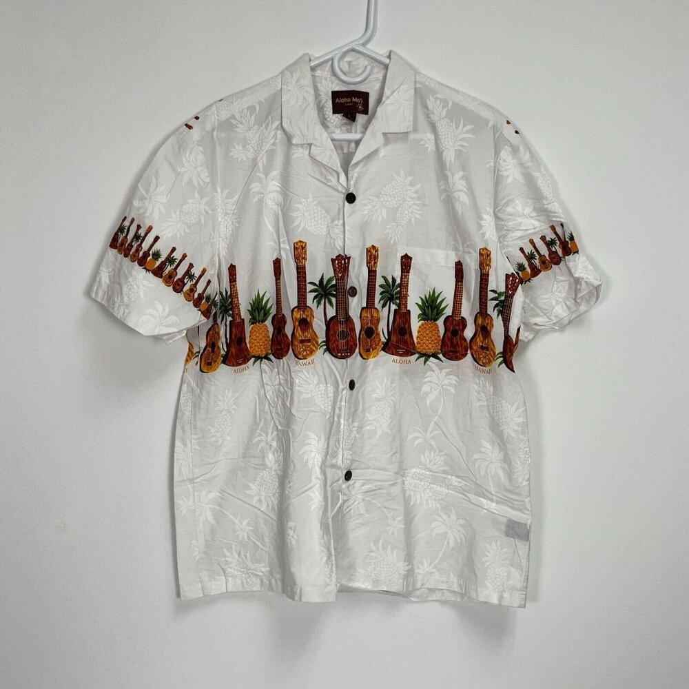 Aloha Mo'i Hawaii Mens Ukulele Chestband Aloha Shirt Large White Short Sleeve